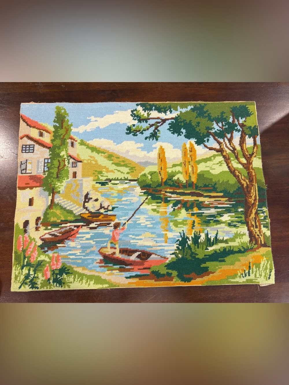 Vintage Needlepoint Tapestry French Country Fishing River Cottage Landscape 27x1